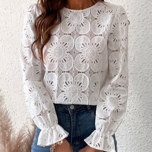Cupshe White Crochet Eyelet Long-Sleeve Blouse